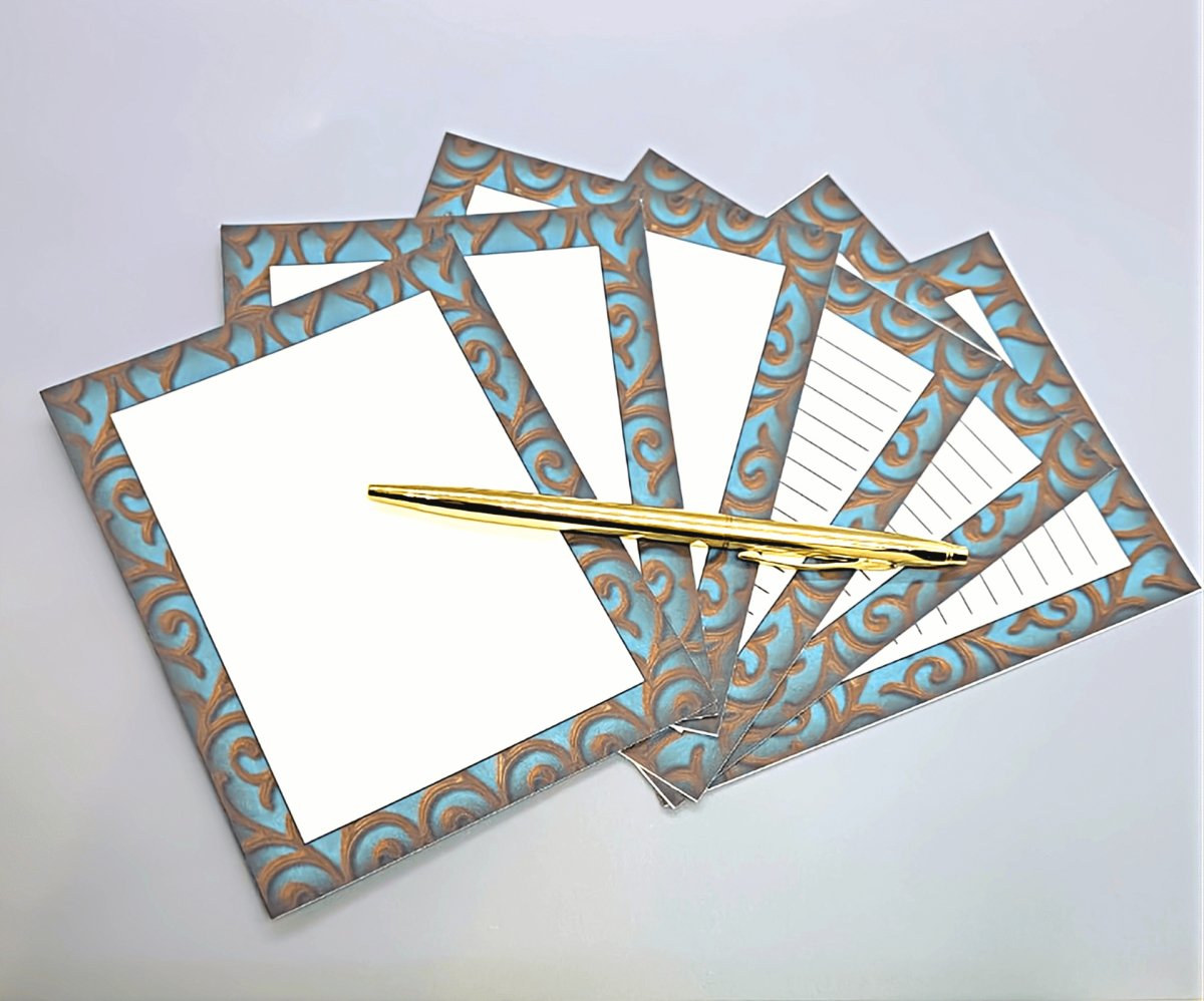 42 - Pc Stationery For Him Gift Box Set w/Reusable Desktop Organizer Box and Gold Pen - Gentleman's Embossed Blue, Brown & Gold - Hearth Home & Living