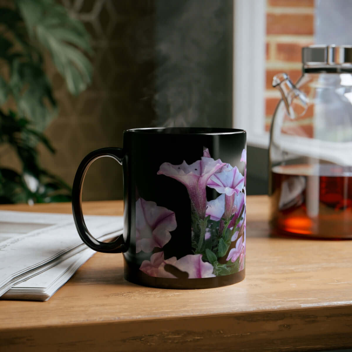 Ceramic Glossy Mug Petunias Design (black) 11oz. - Hearth Home & Living