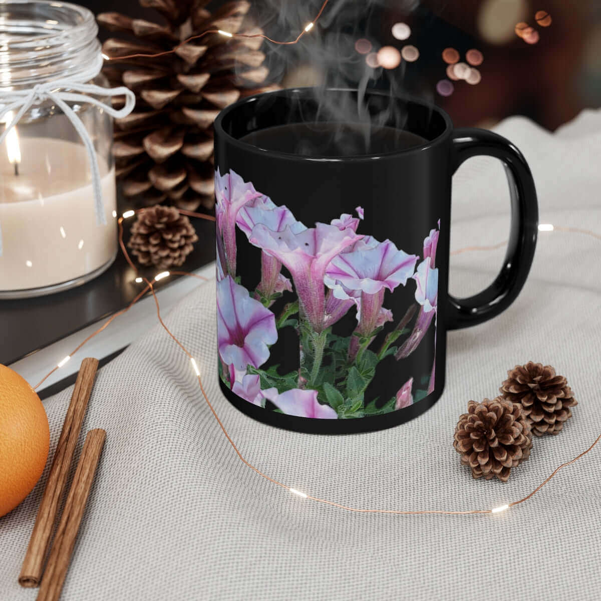 Ceramic Glossy Mug Petunias Design (black) 11oz. - Hearth Home & Living