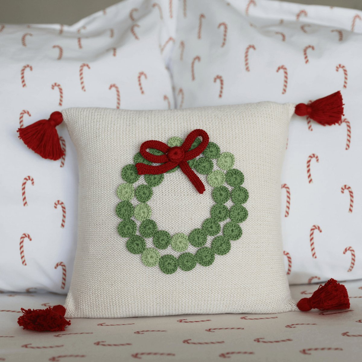 10" Ecru Handmade Artisan Green Wreath Pillow - Hearth Home & Living