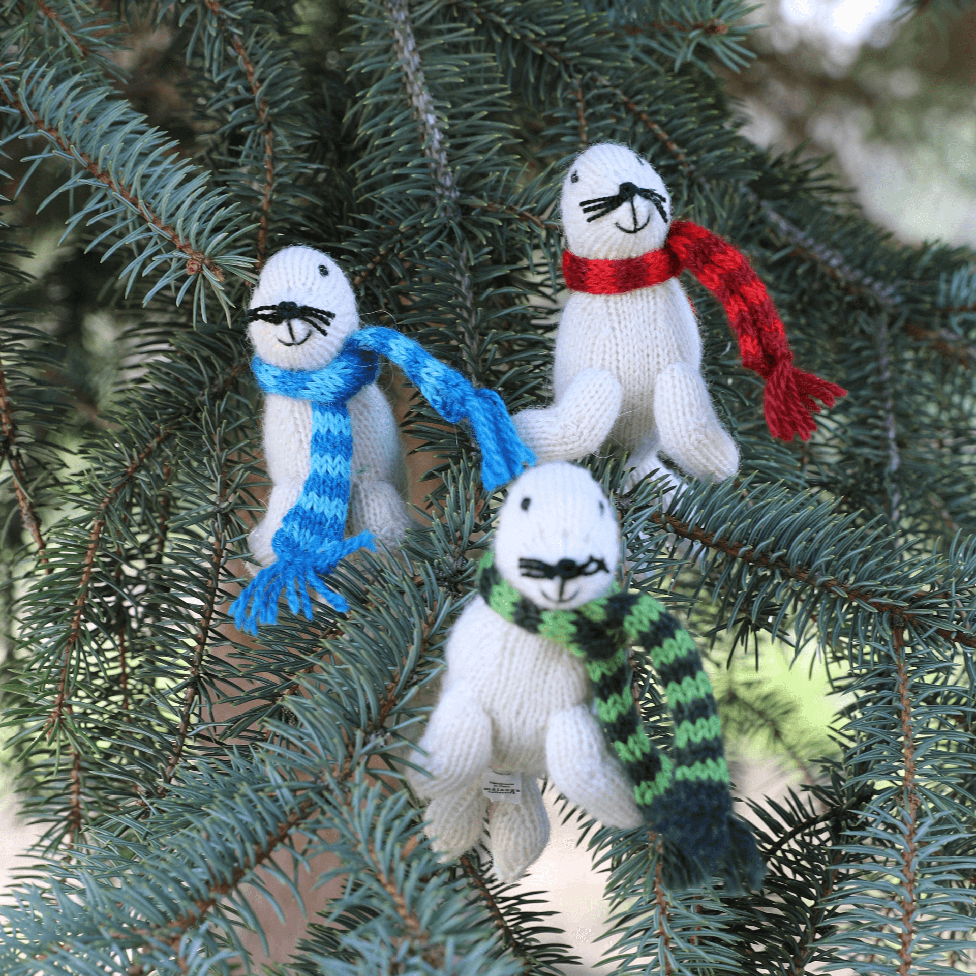 White Seal Handmade Artisan Knit Ornaments - set of 3- 2
