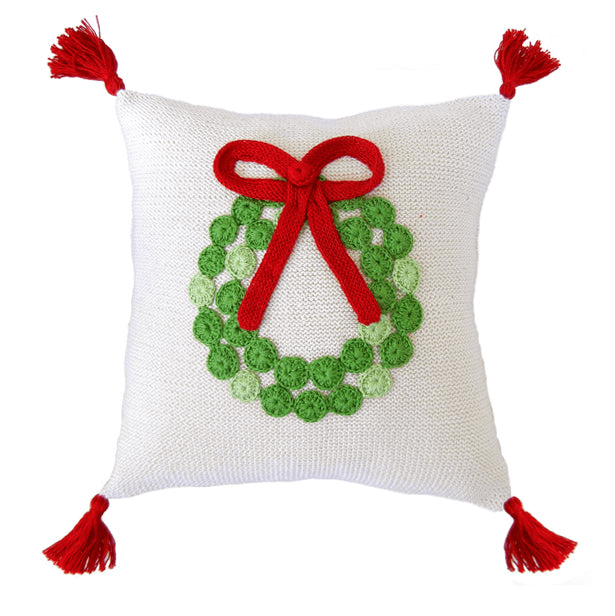 10" Ecru Handmade Artisan Green Wreath Pillow 