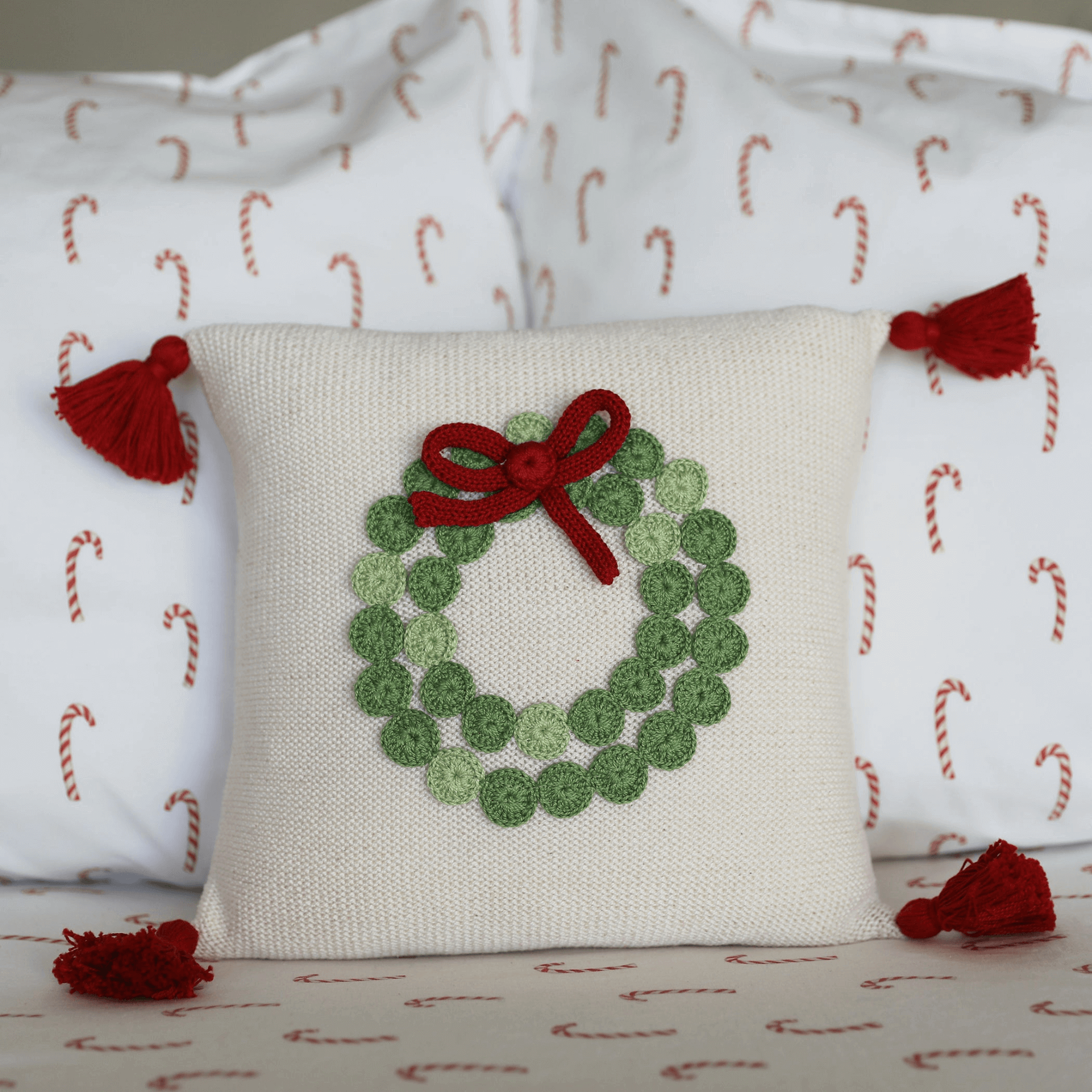 10" Ecru Handmade Artisan Green Wreath Pillow 