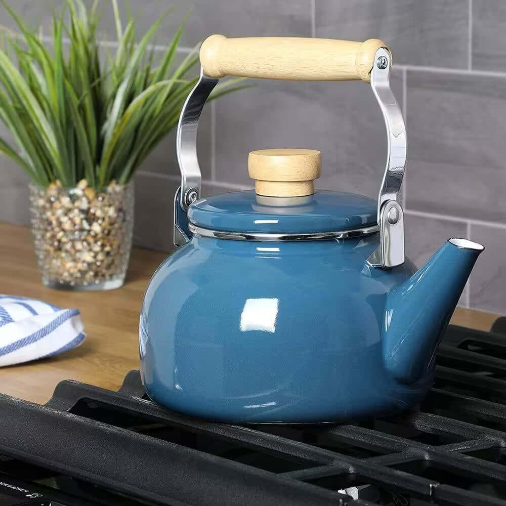 1.5 Qt. Steel Teapot Kettle w/ Blue White Glossy Enamel Coating and Wood Handle - Hearth Home & Living