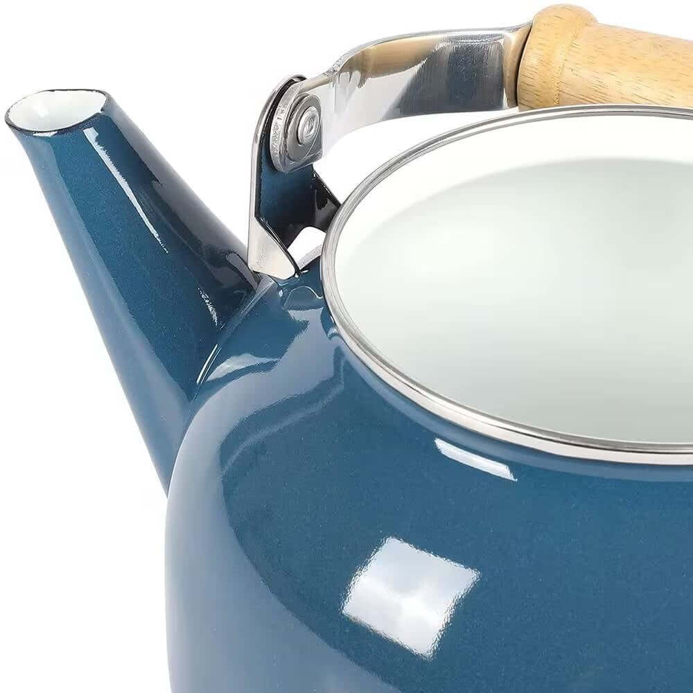 1.5 Qt. Steel Teapot Kettle w/ Blue White Glossy Enamel Coating and Wood Handle - Hearth Home & Living