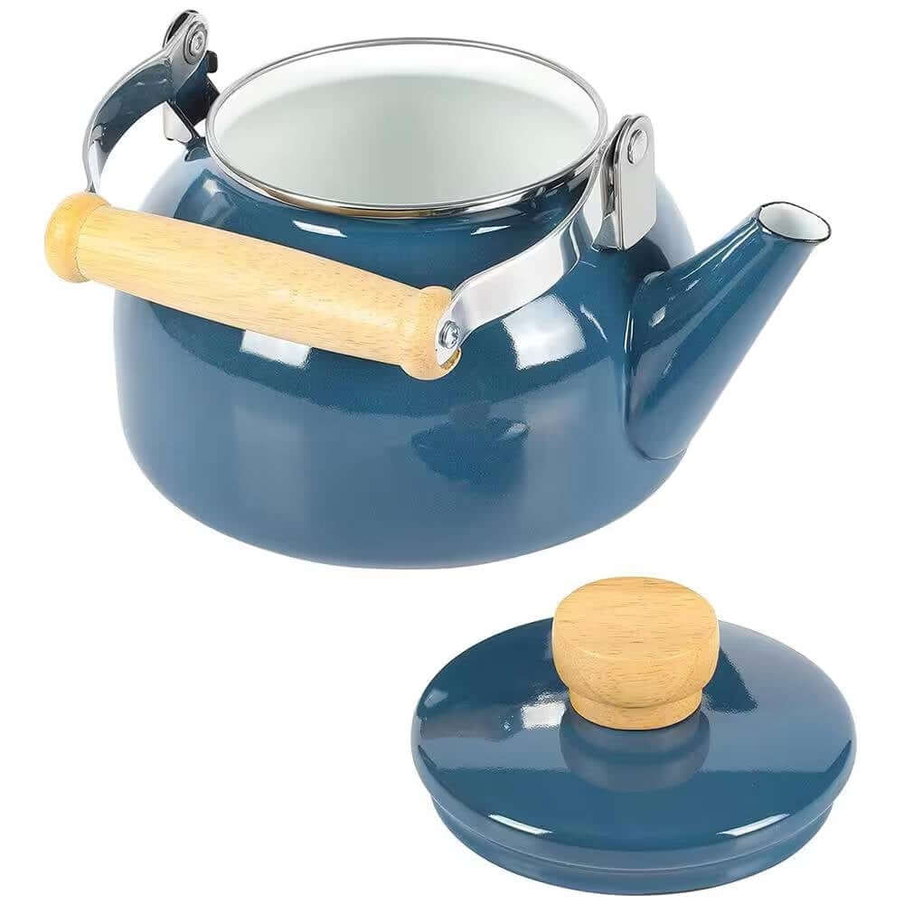 1.5 Qt. Steel Teapot Kettle w/ Blue White Glossy Enamel Coating and Wood Handle - Hearth Home & Living