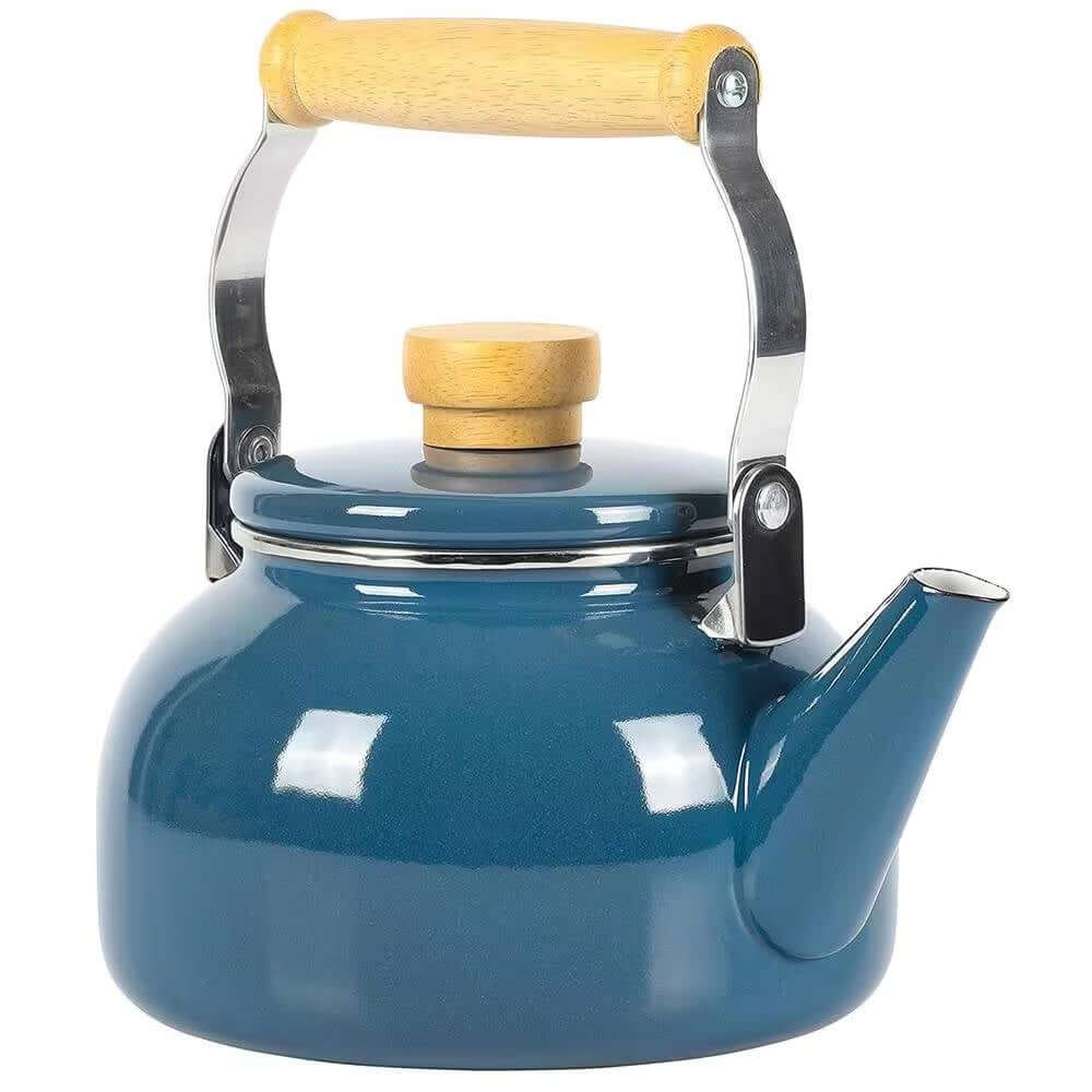 1.5 Qt. Steel Teapot Kettle w/ Blue White Glossy Enamel Coating and Wood Handle - Hearth Home & Living