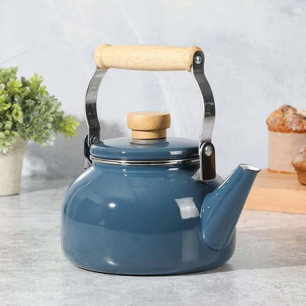 1.5 Qt. Steel Teapot Kettle w/ Blue White Glossy Enamel Coating and Wood Handle - Hearth Home & Living