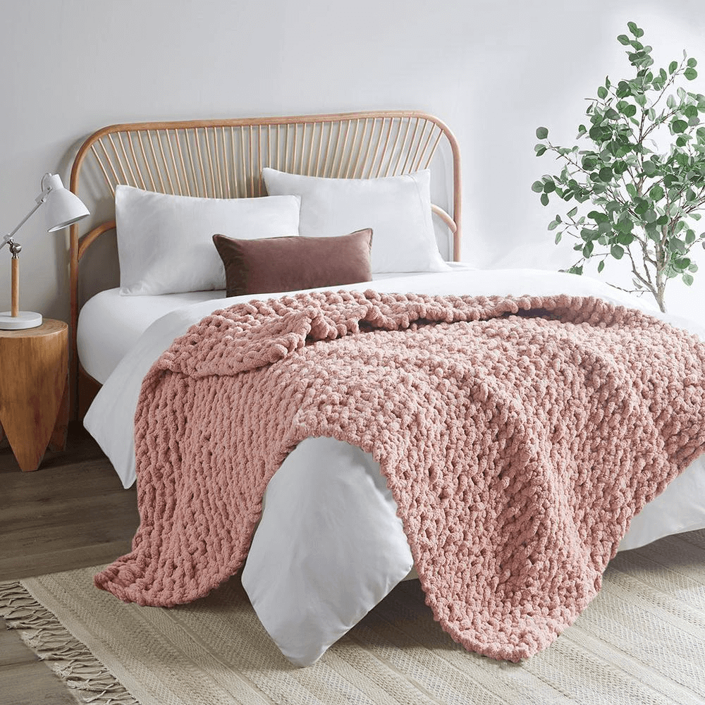  Chenille Chunky Knit Throw blanket pink