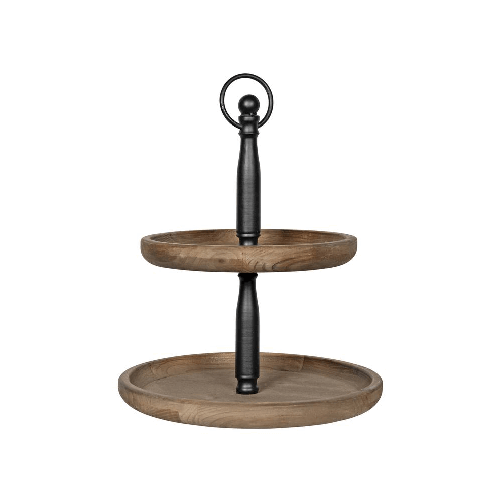 2 Tiered Natural Wood and Black Metal Decorative Tabletop Tray Stand Media -3