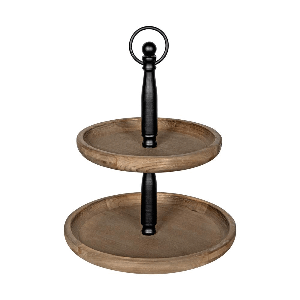 2 Tiered Natural Wood and Black Metal Decorative Tabletop Tray Stand Media-4