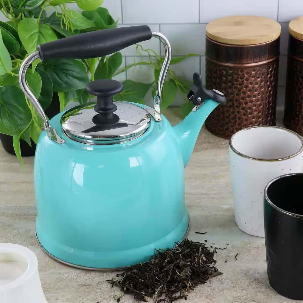 2.2 Quart Aqua Blue Green Teal Turquoise Stainless Steel Whistling Teapot Kettle - Hearth Home & Living