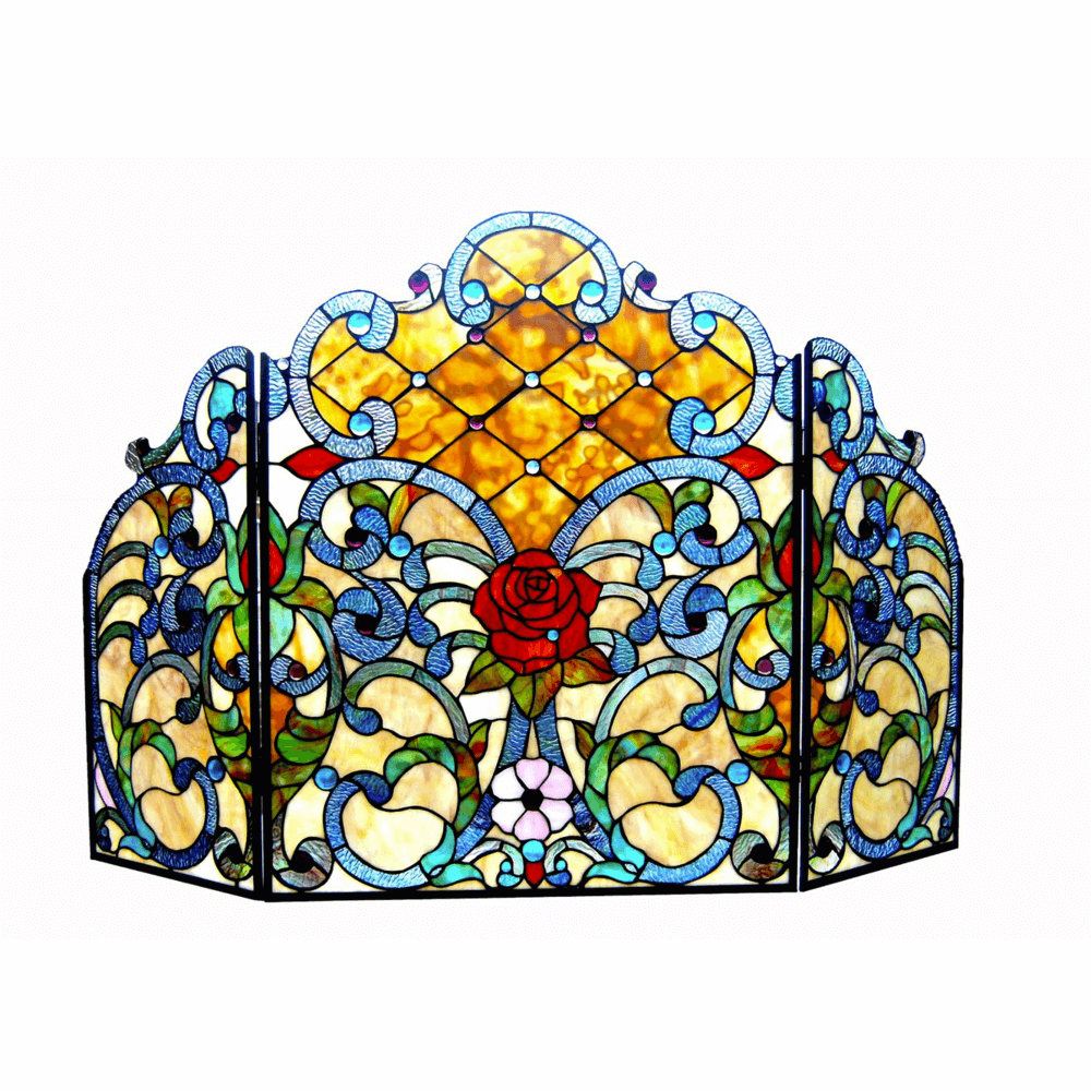 Tiffany-glass Floral 3pcs Folding Victorian Fireplace Screen 