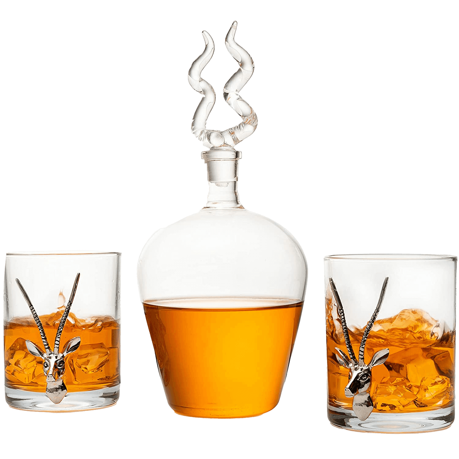 Stag Antler Whiskey Decanter Set 8.5" H with 2 Stag 12oz Glasses - Hunting Liquor Scotch Bourbon Gift for Him by The Wine Savant - Stag Deer Figurine, Hunter Gifts Luxury Decanter 750ml-0