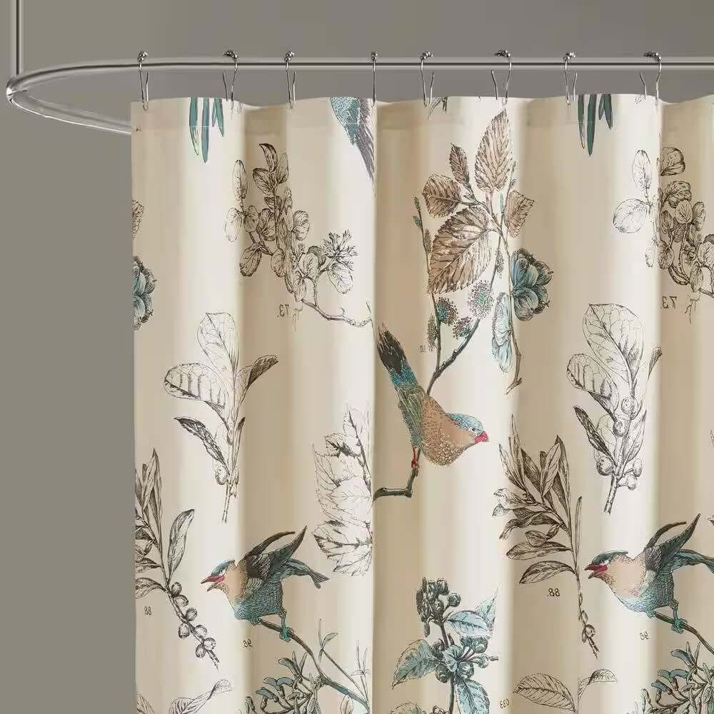 72 - inch Beige Khaki Cotton Shower Curtain with Vintage Birds Leaf Floral Print - Hearth Home & Living