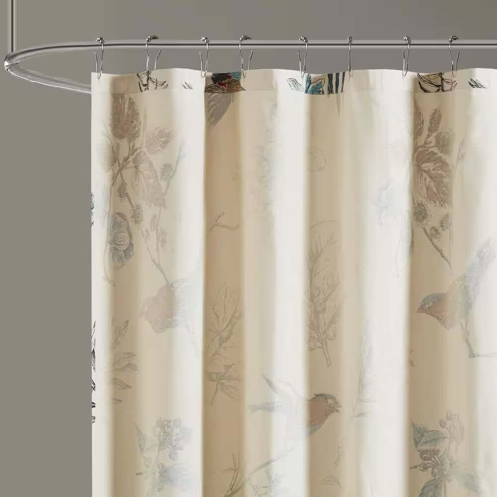 72 - inch Beige Khaki Cotton Shower Curtain with Vintage Birds Leaf Floral Print - Hearth Home & Living