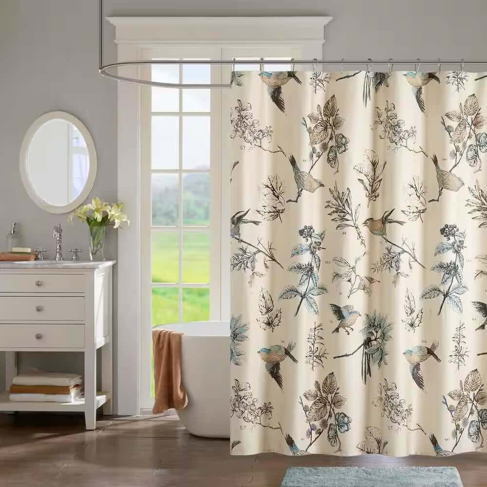 72 - inch Beige Khaki Cotton Shower Curtain with Vintage Birds Leaf Floral Print - Hearth Home & Living