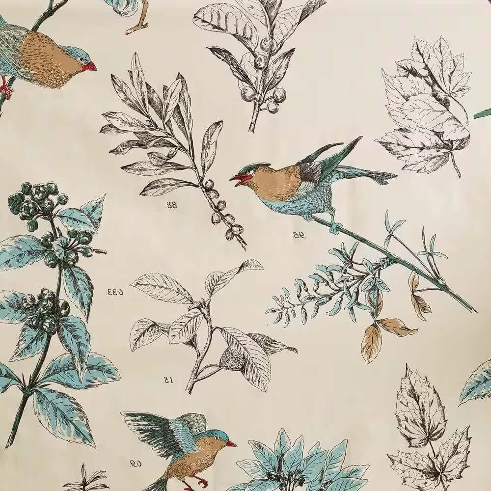 72 - inch Beige Khaki Cotton Shower Curtain with Vintage Birds Leaf Floral Print - Hearth Home & Living