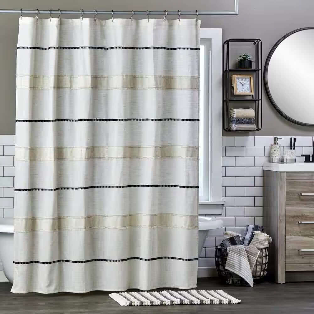 72 - inch Polyester/Linen Fabric Shower Curtain in Beige with Black Stripes - Hearth Home & Living