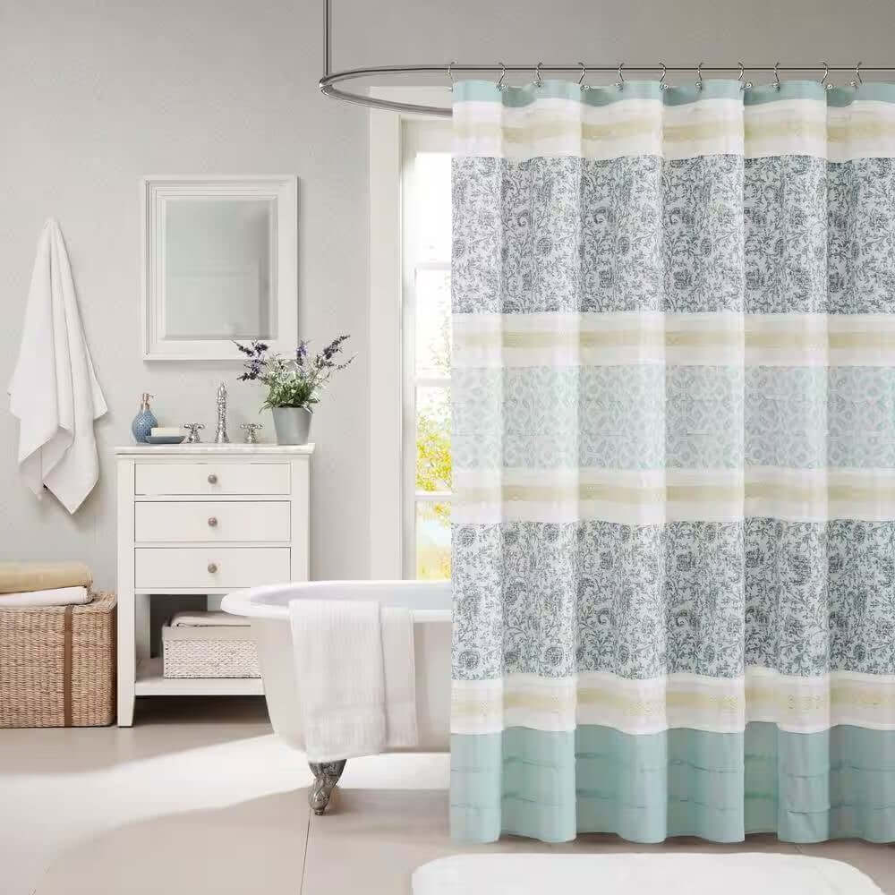 72 x 72-in Cotton Shower Curtain with Teal Blue Grey Cream White Paisley Pattern-0