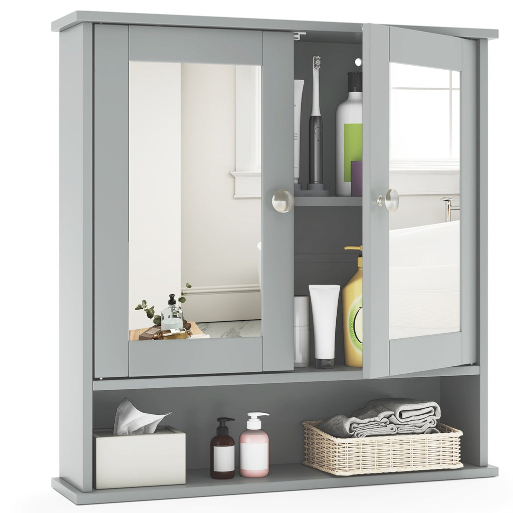 Double Door Wall-Mounted Bathroom Mirror Cabinet with Storage Shelf