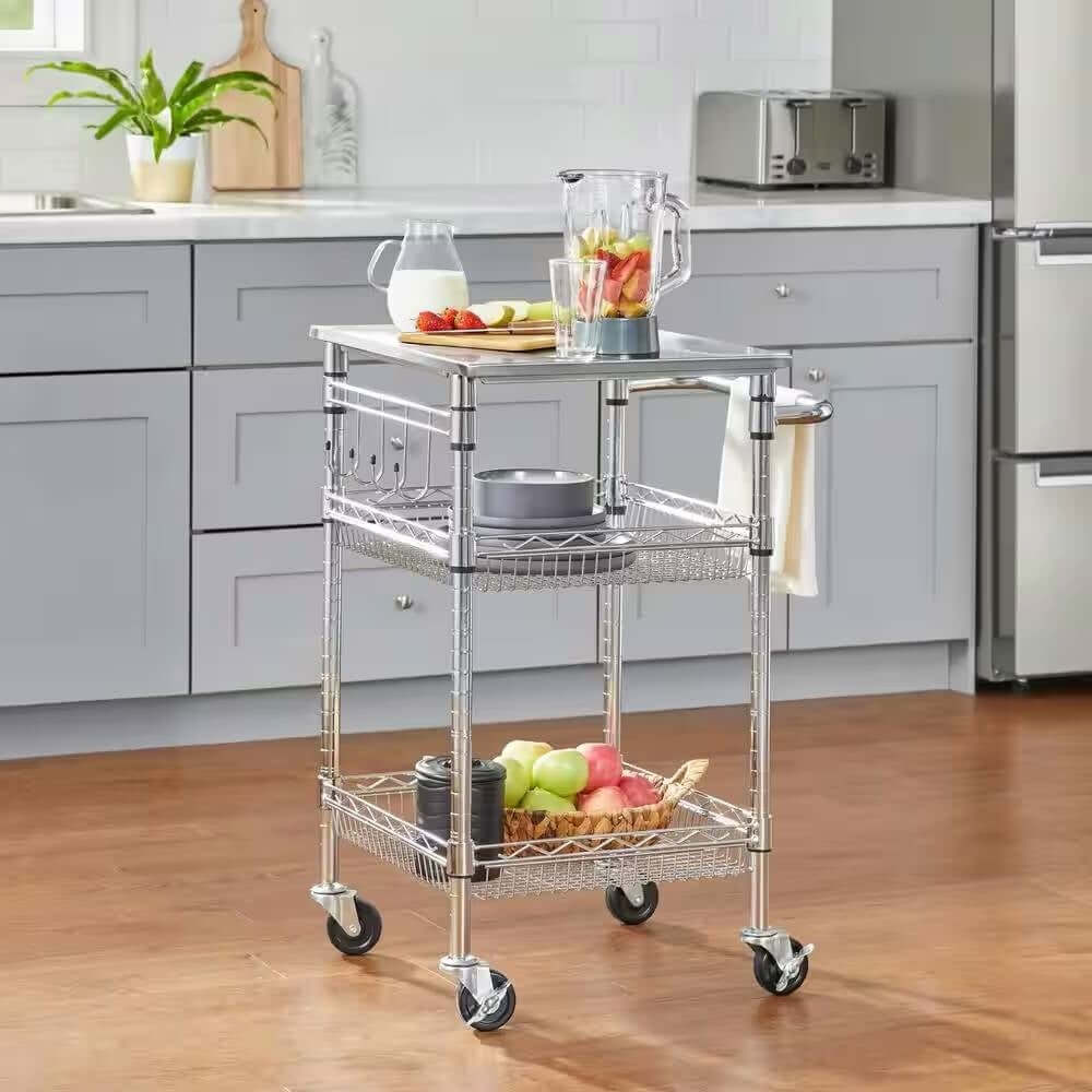 Compact Kitchen Cart with Stainless Steel Top and 2 Bottom Storage Shelves-0