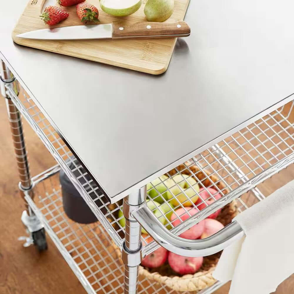 Compact Kitchen Cart with Stainless Steel Top and 2 Bottom Storage Shelves-2