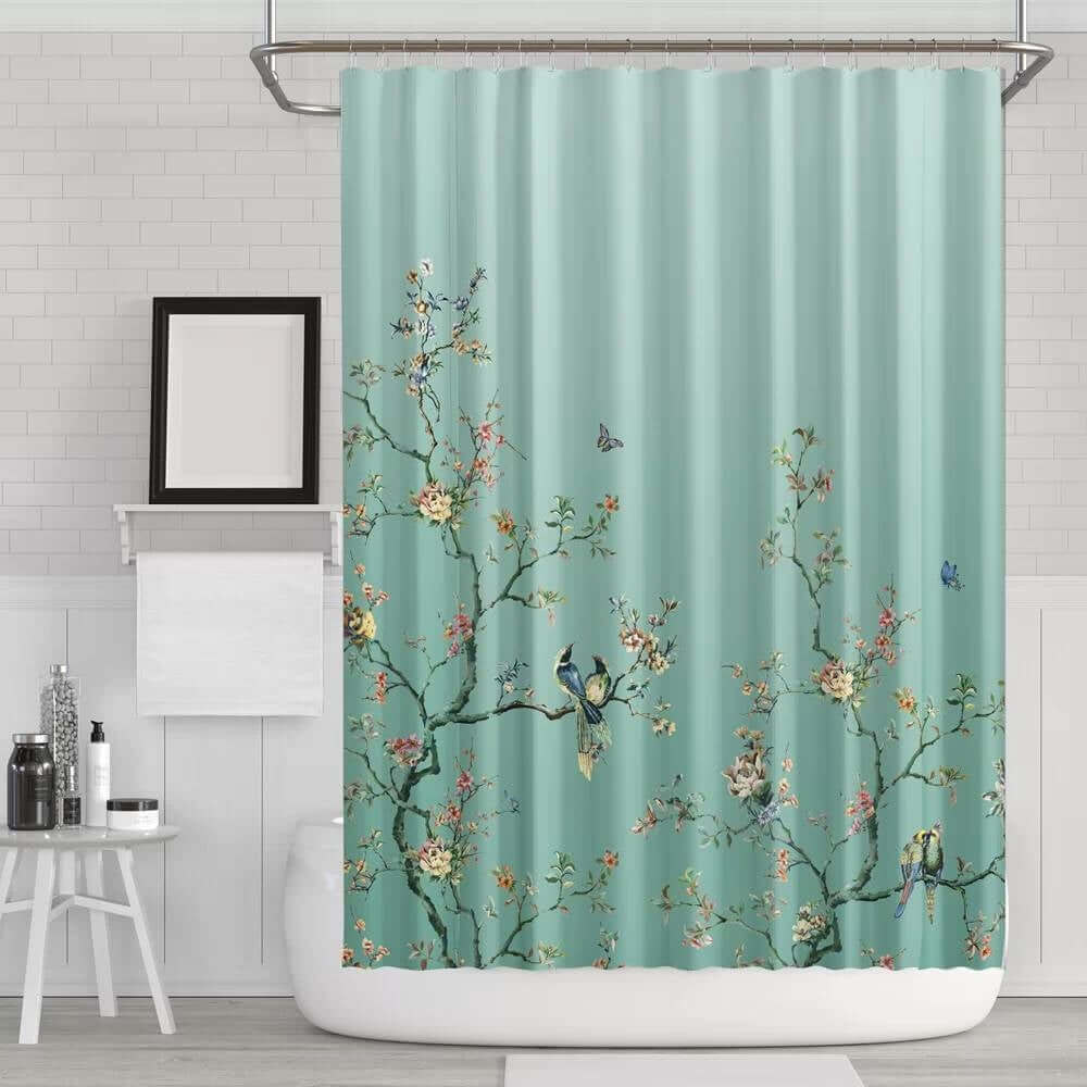 72-in. Teal Blue Green Floral Tree Bird Butterfly Japanese Style Shower Curtain-0