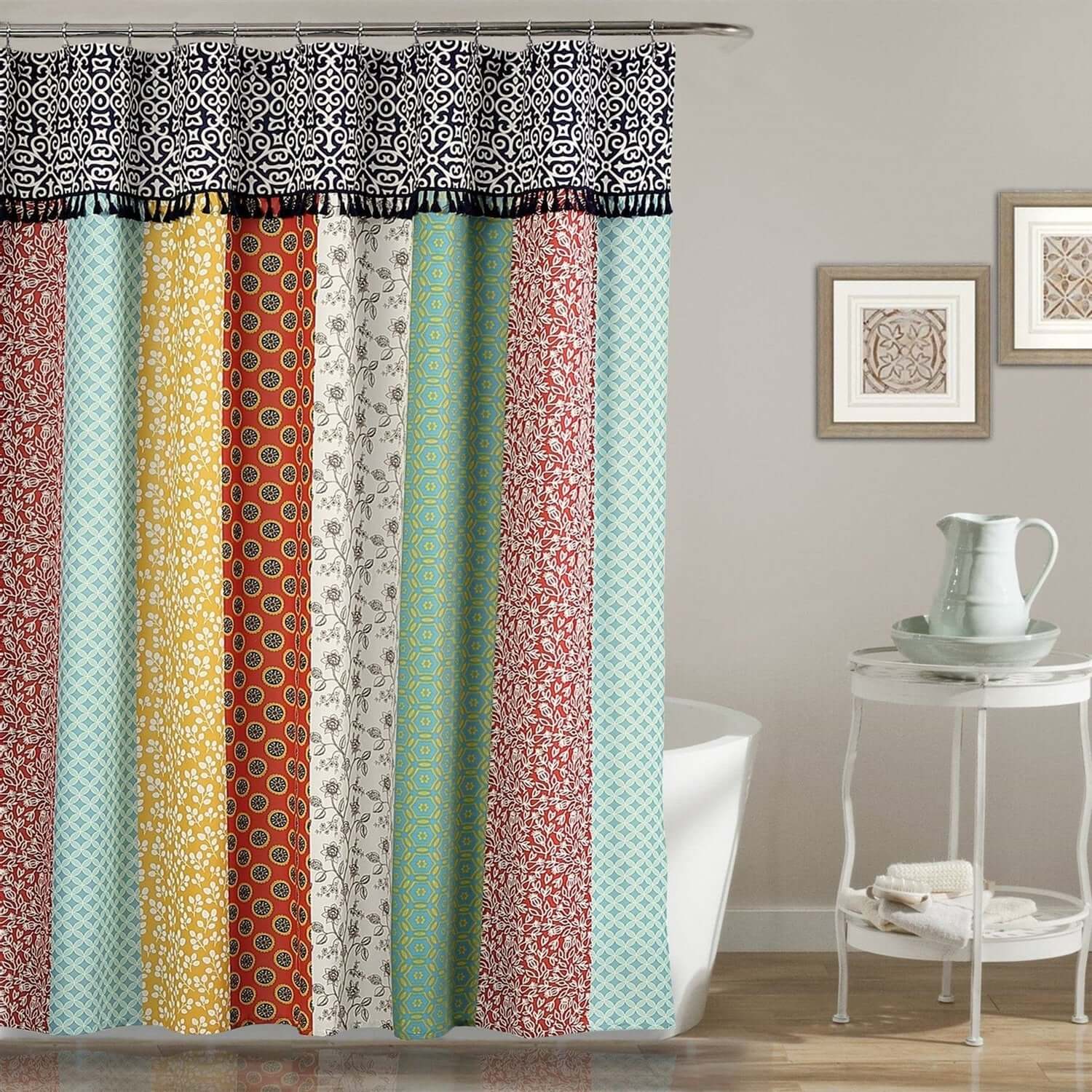 72-in. Bohemian Floral Multi-Color Patchwork Polyester Shower Curtain-0