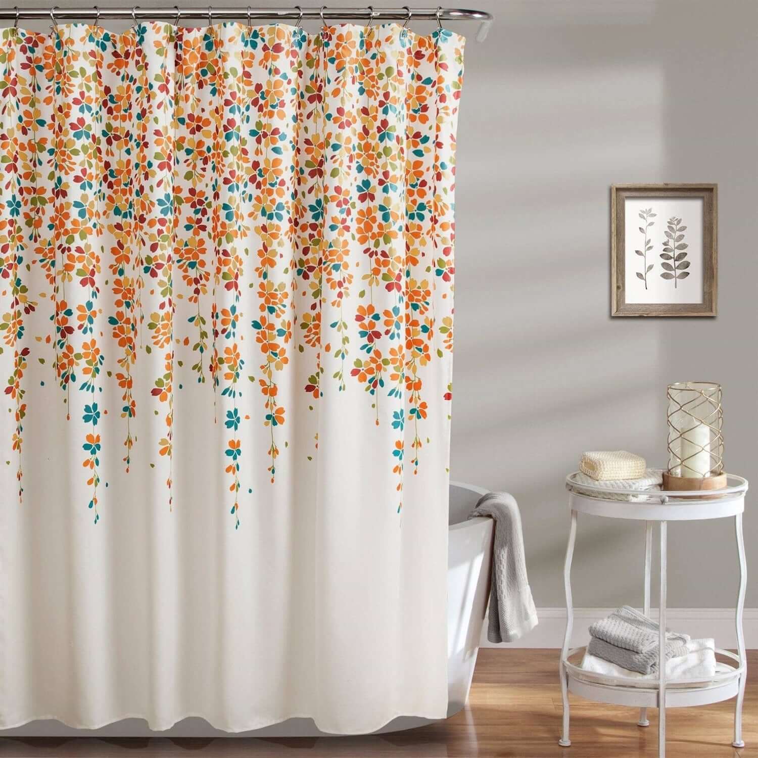 72-inch White Turquoise Blue Orange Floral Flowers Shower Curtain-1