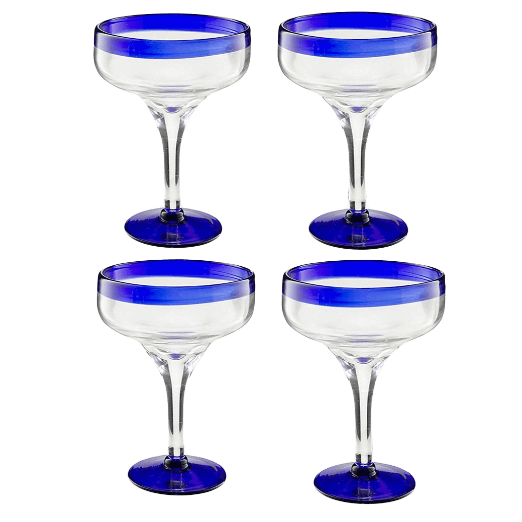 Mexican Hand Blown Glass – Set of 4 Large 16oz, Cobalt Blue Rim Line, Luxury Margarita & Cocktail Glasses, Mexico Design Large 16oz Cobalt Cinco de Mayo - The Wine Savant, Dishwasher Safe Glassware-0