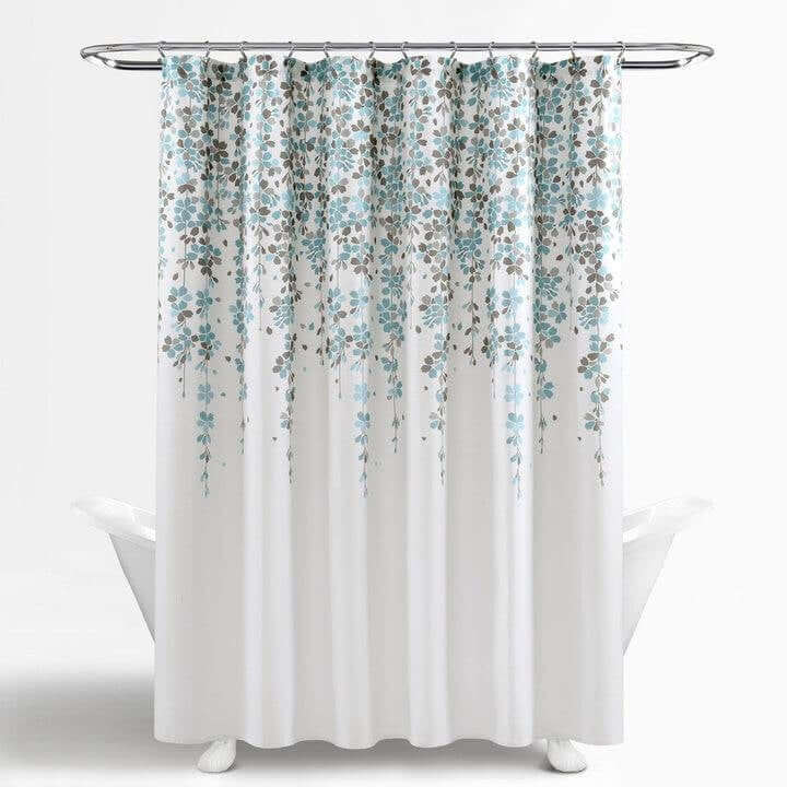 72-inch White Blue Grey Floral Flowers Shower Curtain-0