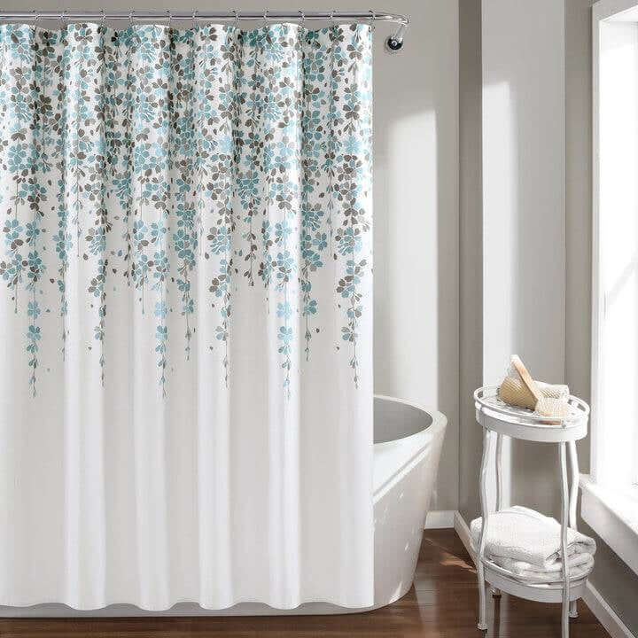 72-inch White Blue Grey Floral Flowers Shower Curtain-1