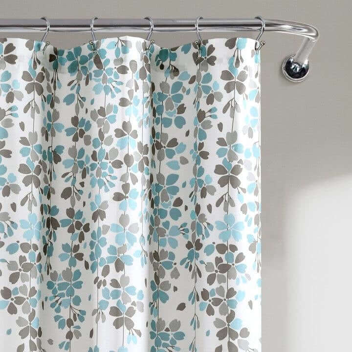 72-inch White Blue Grey Floral Flowers Shower Curtain-2