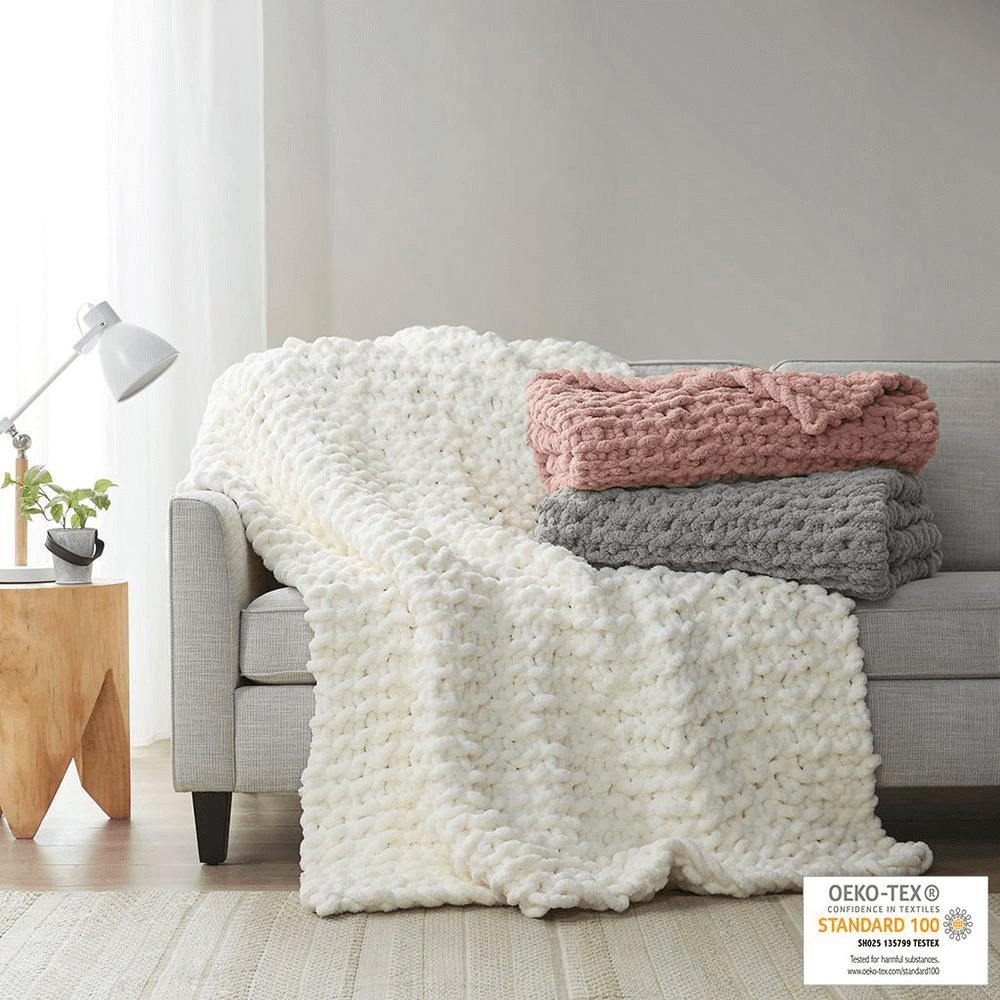 Chenille Handmade Chunky Knit Throw Blanket in Ivory - Hearth Home & Living