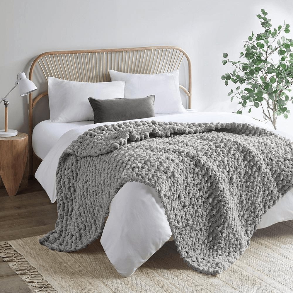 Chenille Handmade Chunky Knit Throw Blanket in Ivory - Hearth Home & Living