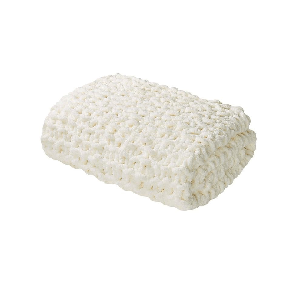 Chenille Handmade Chunky Knit Throw Blanket in Ivory - Hearth Home & Living