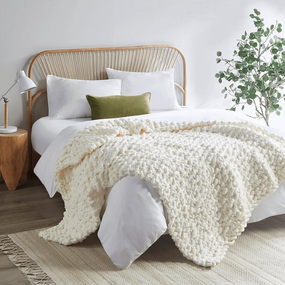 Chenille Handmade Chunky Knit Throw Blanket in Ivory - Hearth Home & Living