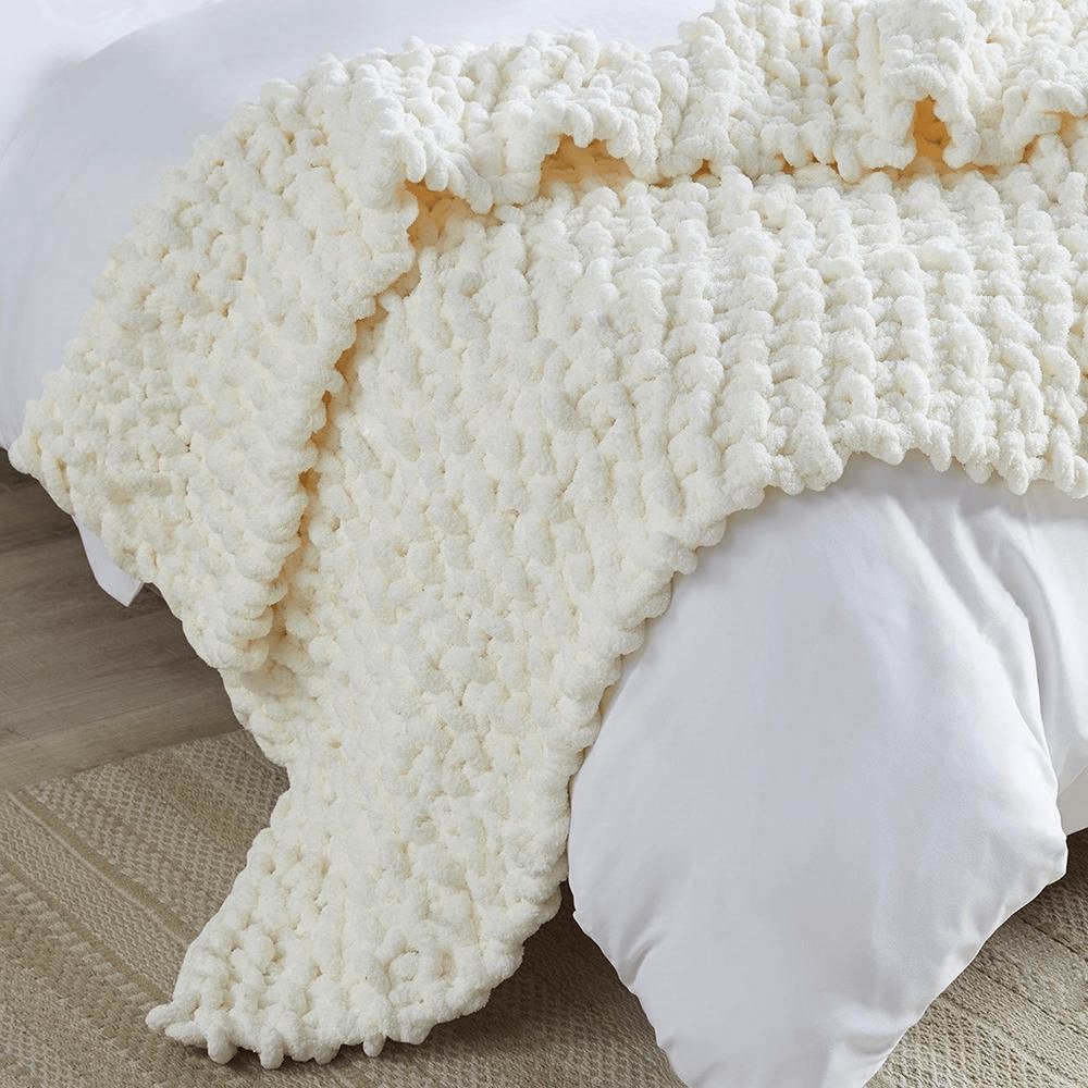 Chenille Handmade Chunky Knit Throw Blanket in Ivory - Hearth Home & Living