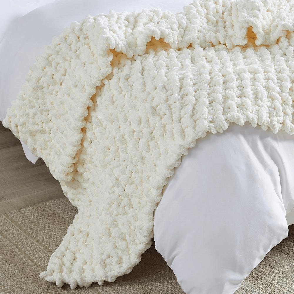 Chenille Handmade Chunky Knit Throw Blanket in Ivory - Hearth Home & Living