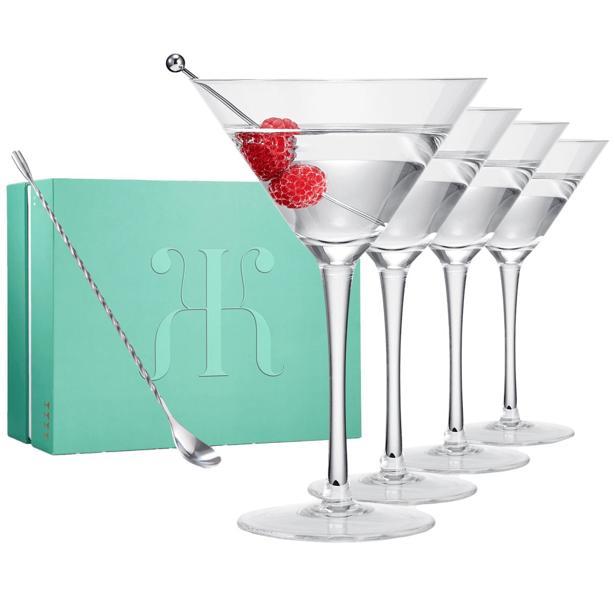 Crystal Martini Glass Set with Bar Spoon - Set of 4 - Hearth Home & Living