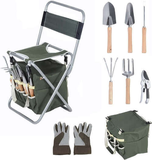 9 Piece Garden Tools Set with Sturdy Stool & Tote