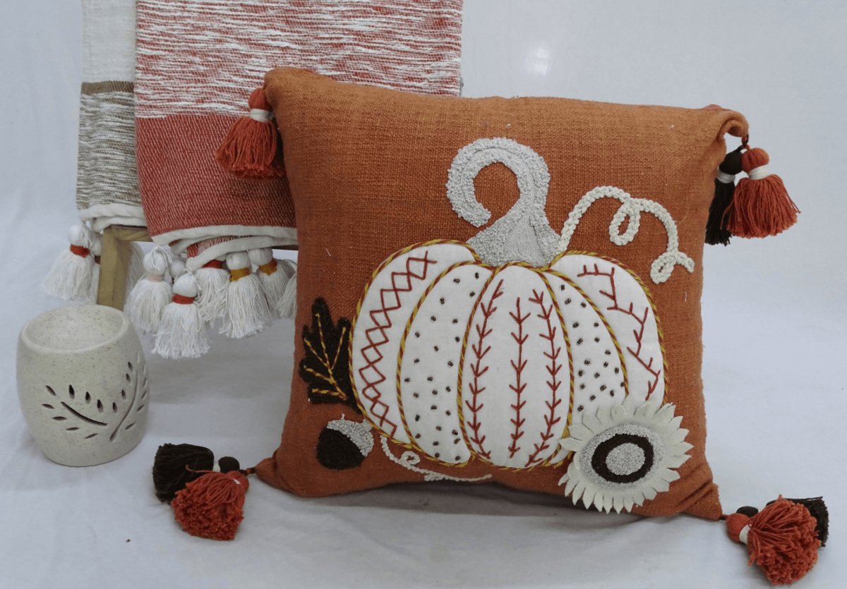 Fall Pumpkin Embroidered Tassel Pillow with Insert - Hearth Home & Living