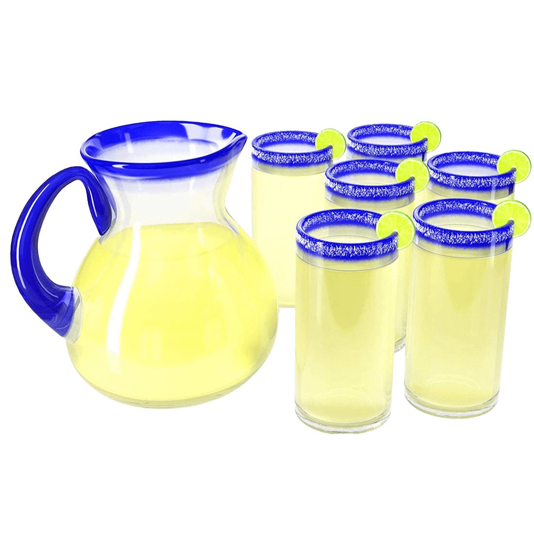 Hand Blown Blue Rimmed Drinking Glasses and Pitcher – Set of 6 - Hearth Home & Living