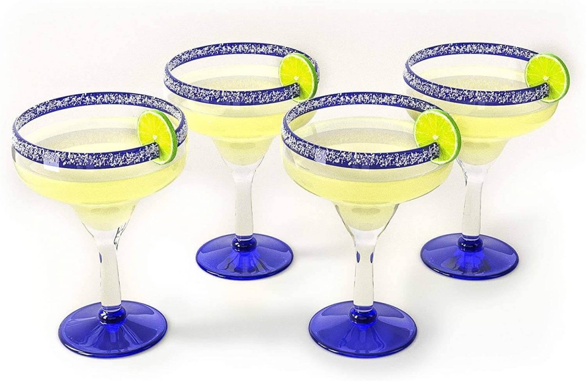 Hand Blown Margarita & Cocktail Glass – Set of 4 Large 16oz, Cobalt Blue Rim - Hearth Home & Living