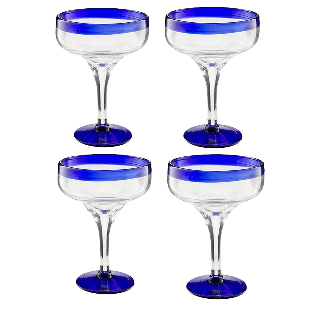 Hand Blown Margarita & Cocktail Glass – Set of 4 Large 16oz, Cobalt Blue Rim - Hearth Home & Living