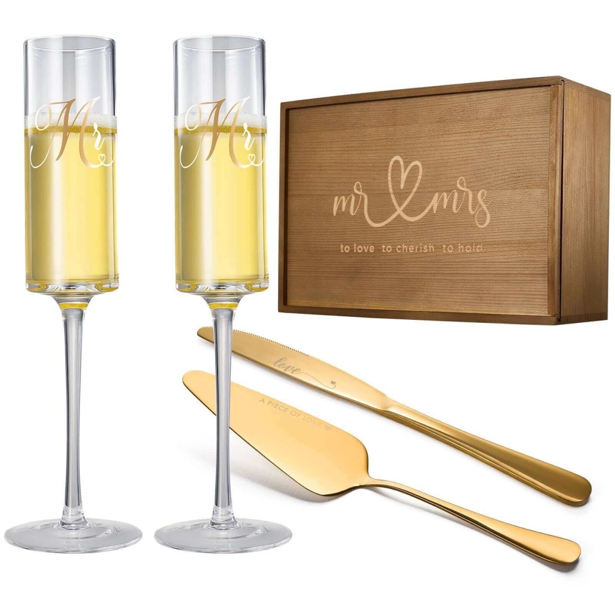 Mr. & Mrs. Crystal Champagne Flutes & Cake Server Set - Hearth Home & Living