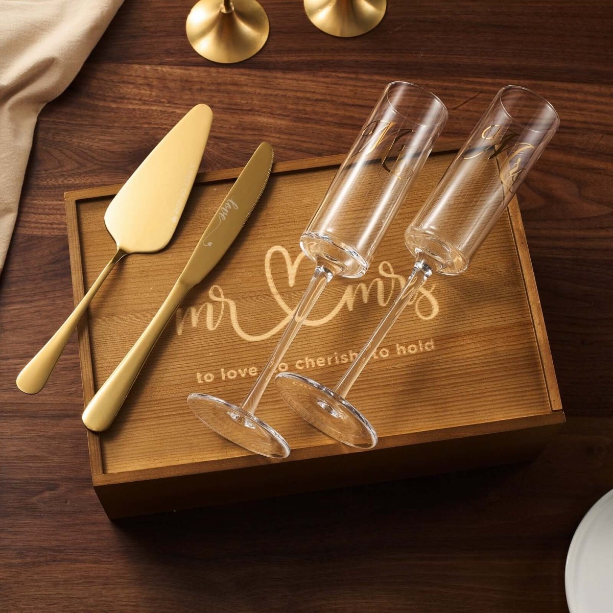 Mr. & Mrs. Crystal Champagne Flutes & Cake Server Set - Hearth Home & Living