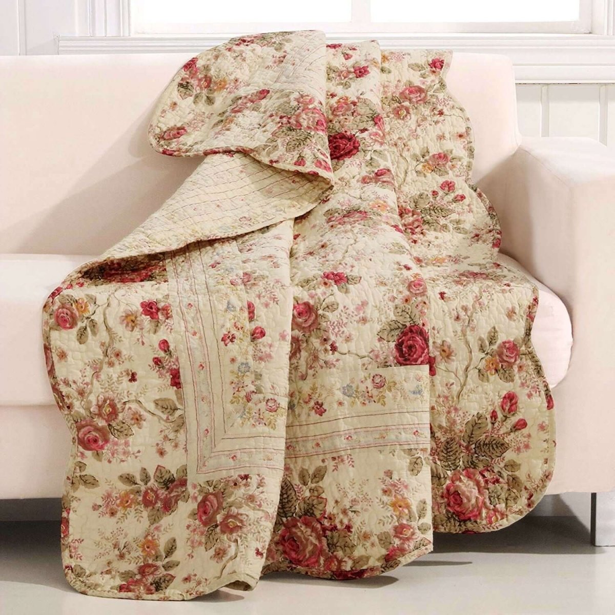 Red Pink Gold Ecru Floral Roses Quilt Throw Blanket in 100% Cotton - Hearth Home & Living