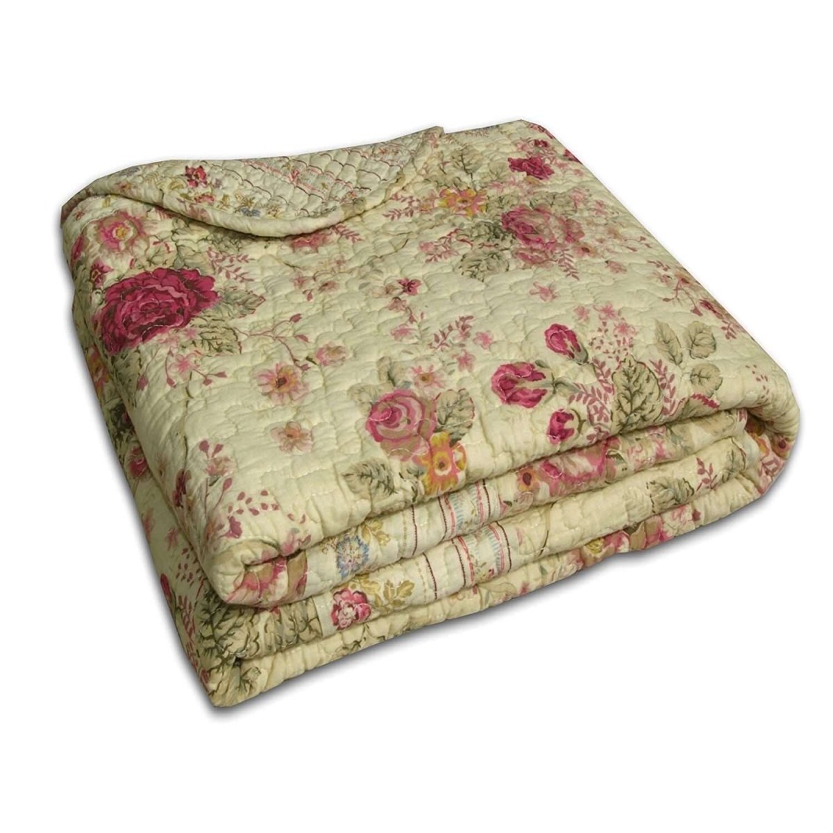 Red Pink Gold Ecru Floral Roses Quilt Throw Blanket in 100% Cotton - Hearth Home & Living